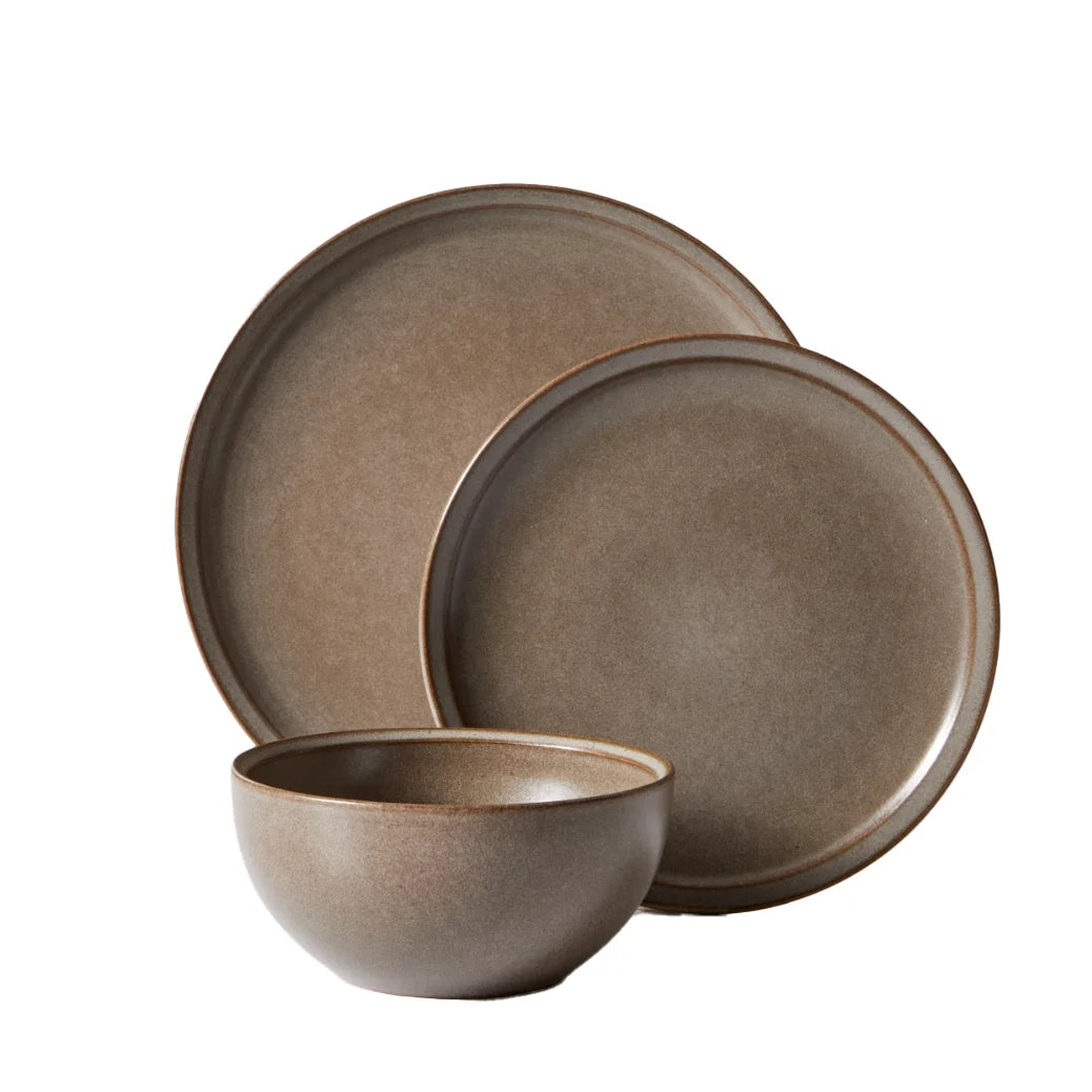 Better Homes and Gardens Banks Brown 12-Piece Stoneware Dinnerware Set, Brown Plates and Bowls, Set for 4