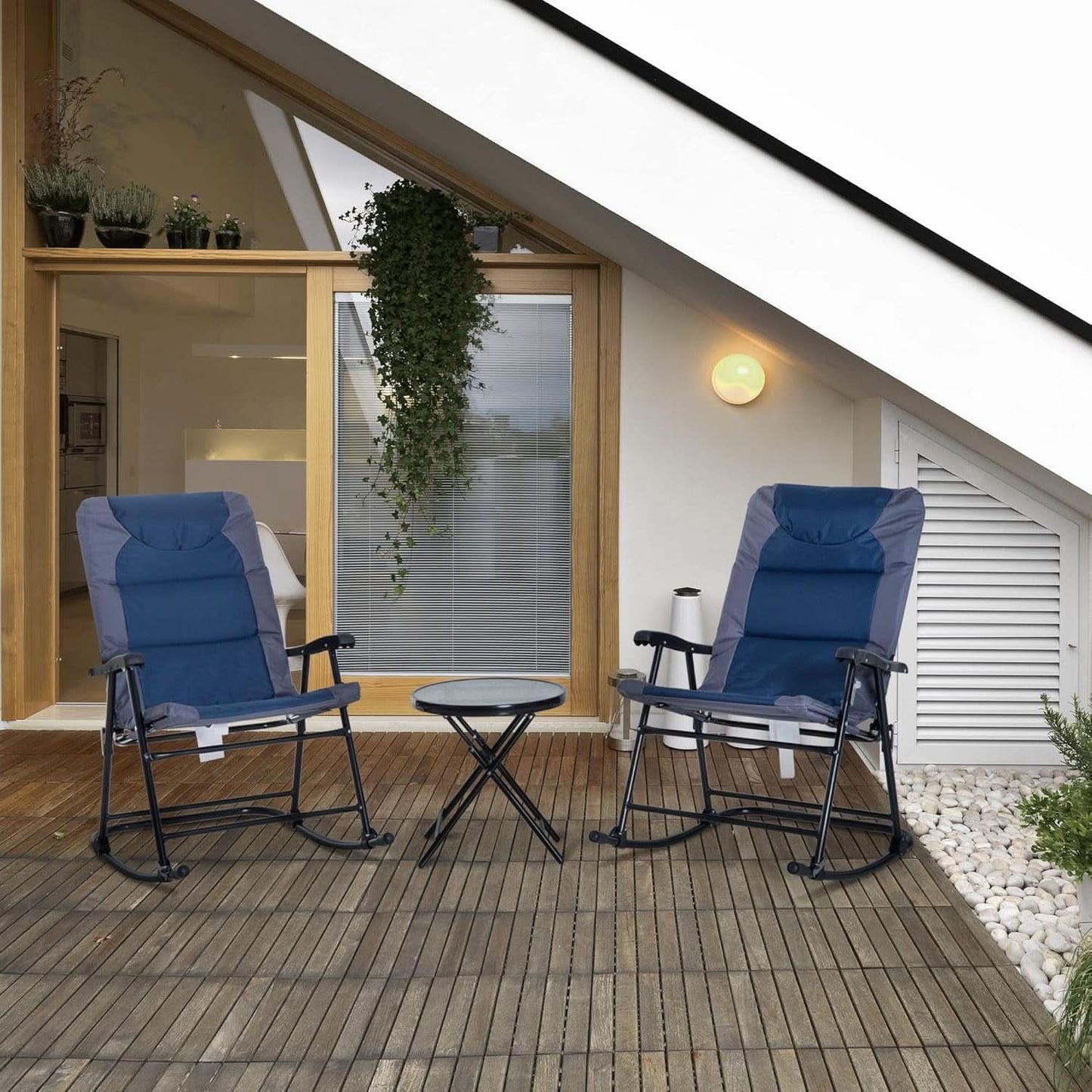 Three Piece Outdoor Patio Furniture Set With Glass Coffee Table And Two Folding Padded Rocking Chairs Navy Blue