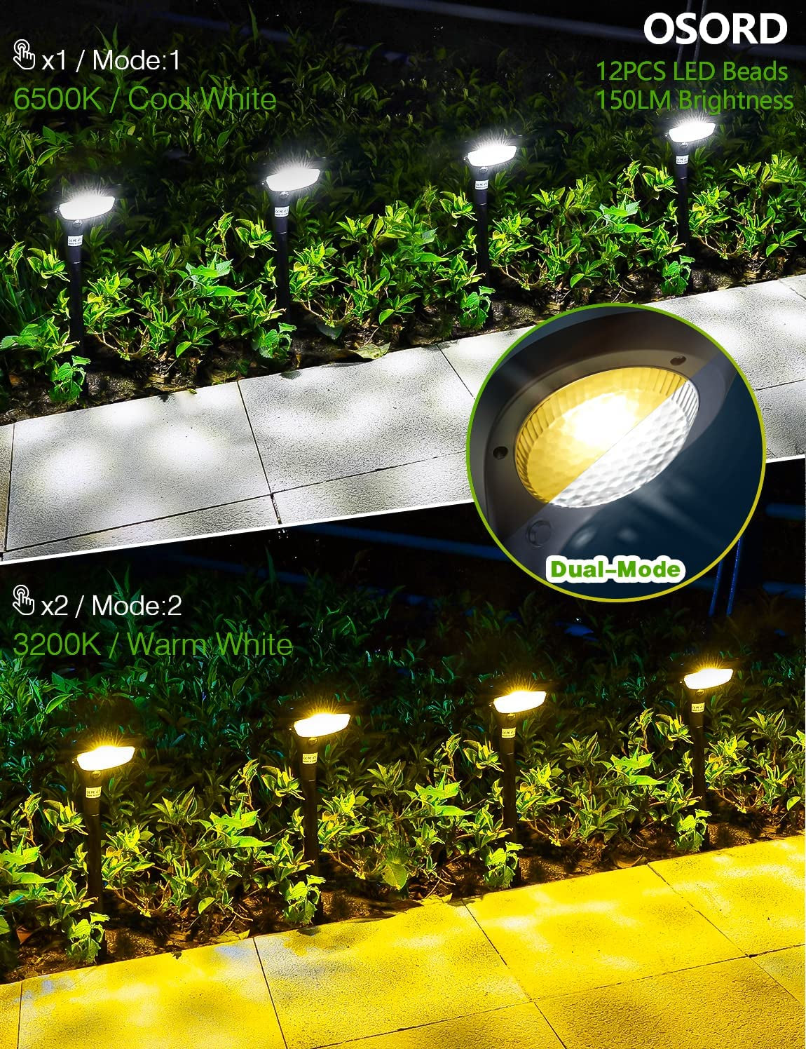 Solar Pathway Lights Outdoor 4 Pack - 150 LM High Bright Solar Lights Outdoor Waterproof IP65, Warm/Cool 2 Color Modes, Landscape Path Light for Walkway Driveway Garden Yard Patio