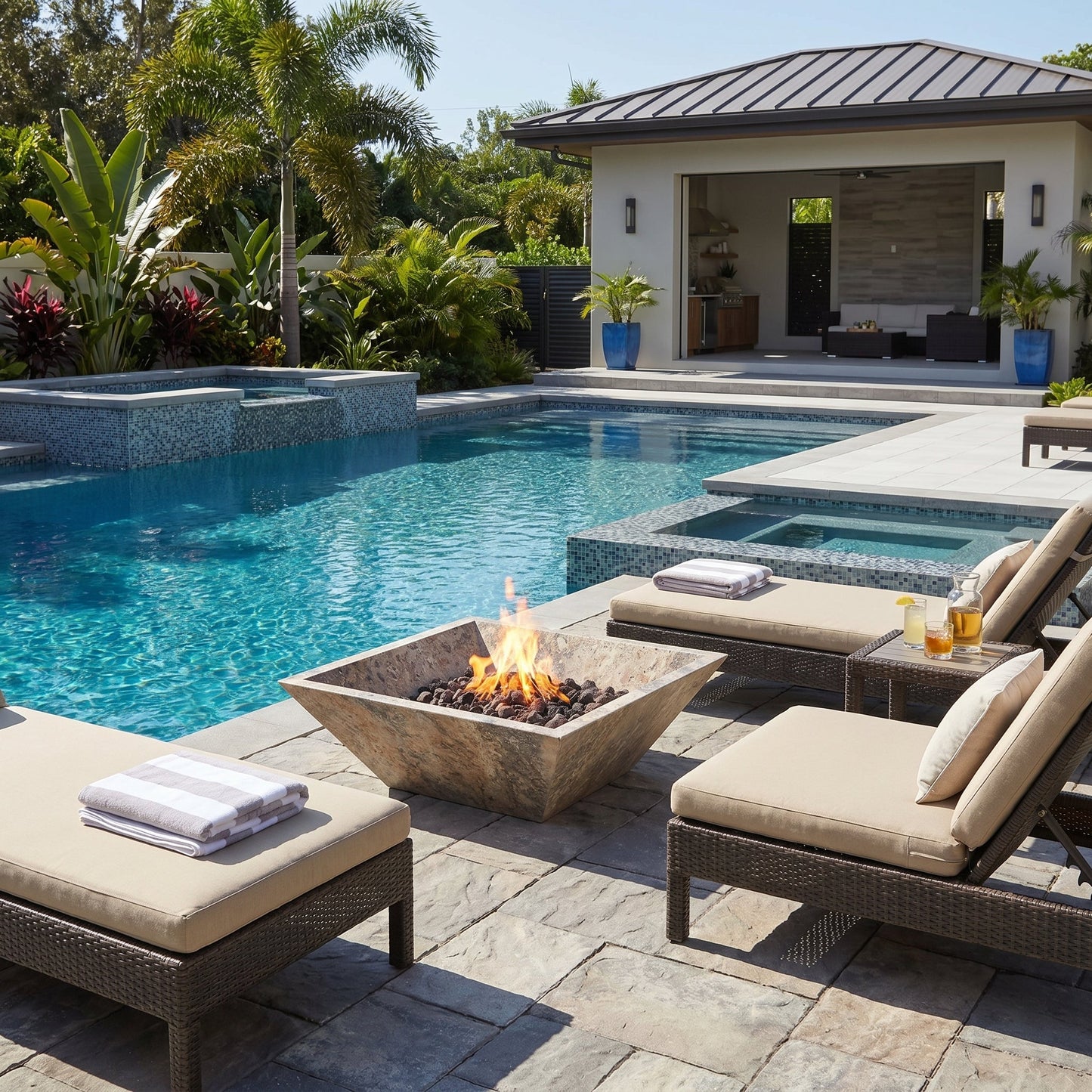 Silver Travertine Natural Stone Outdoor Fire Pit 24x24 Inches for Patio Backyard