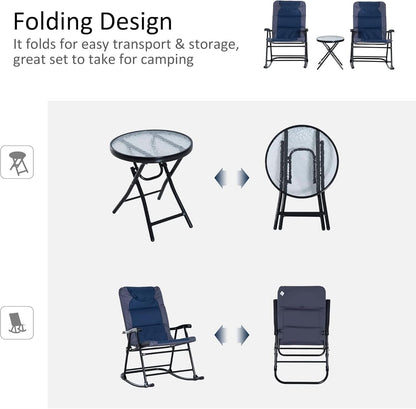 Three Piece Outdoor Patio Furniture Set With Glass Coffee Table And Two Folding Padded Rocking Chairs Navy Blue