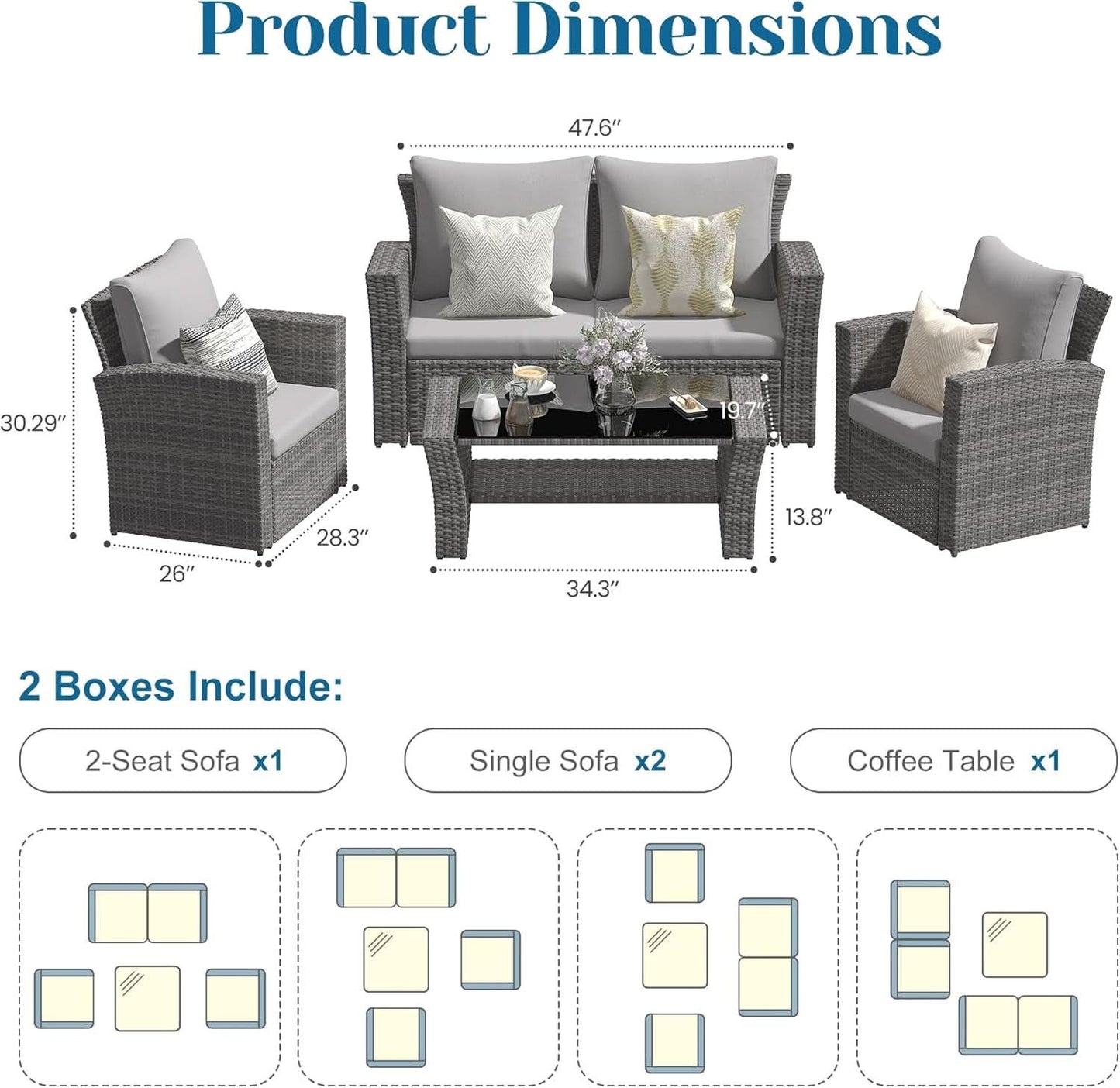 4 Piece Outdoor Patio Furniture Set All Weather Wicker Grey